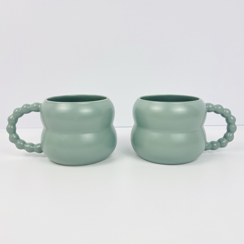 Set Of 2 Joyful Bubble Ceramic Coffee Mugs Cups Sage Green Bubble Beaded Handle